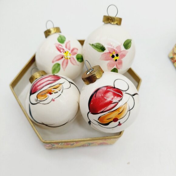 Ceramic Christmas Ornament Round 2" Santa & Floral Set Of 4 White 1991 - Picture 1 of 9